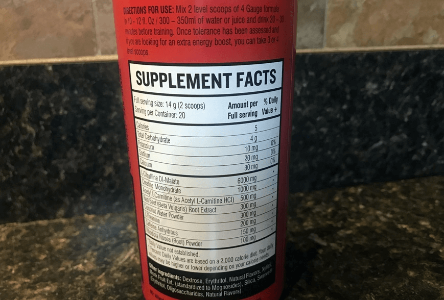 The 4 Gauge pre-workout boasts a long list of ingredients