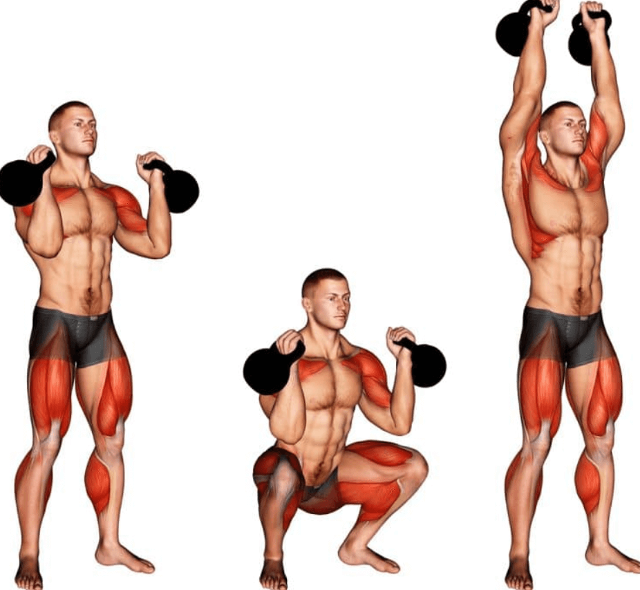 Do Squat thrusters exercise using kettlebell that target your entire body