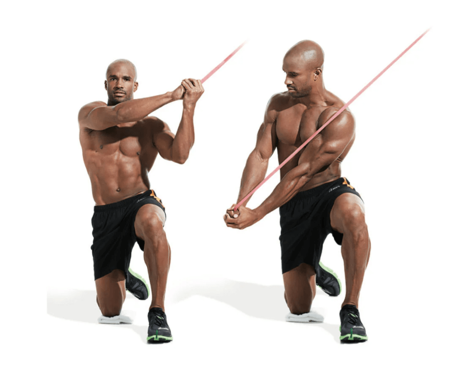 Perform cross body chops using resistance band