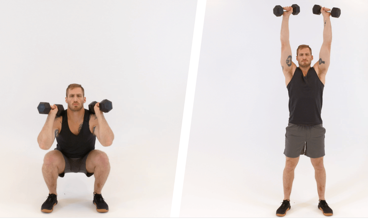 Doing Squat to Overhead Press with dumbbells works on lower back